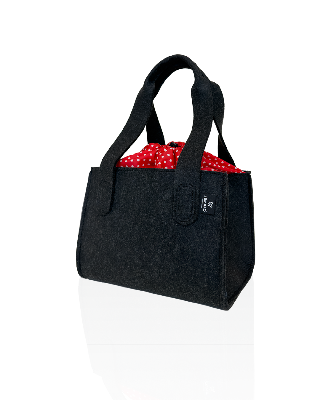 Geschenk: Vilten Tas S, antraciet met rood/witte flap.
